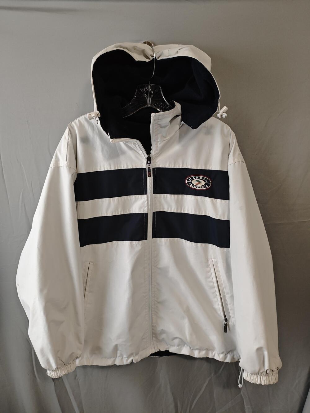Carmel California Jacket Mens Large Hooded Windbreaker White Blue Embroidered